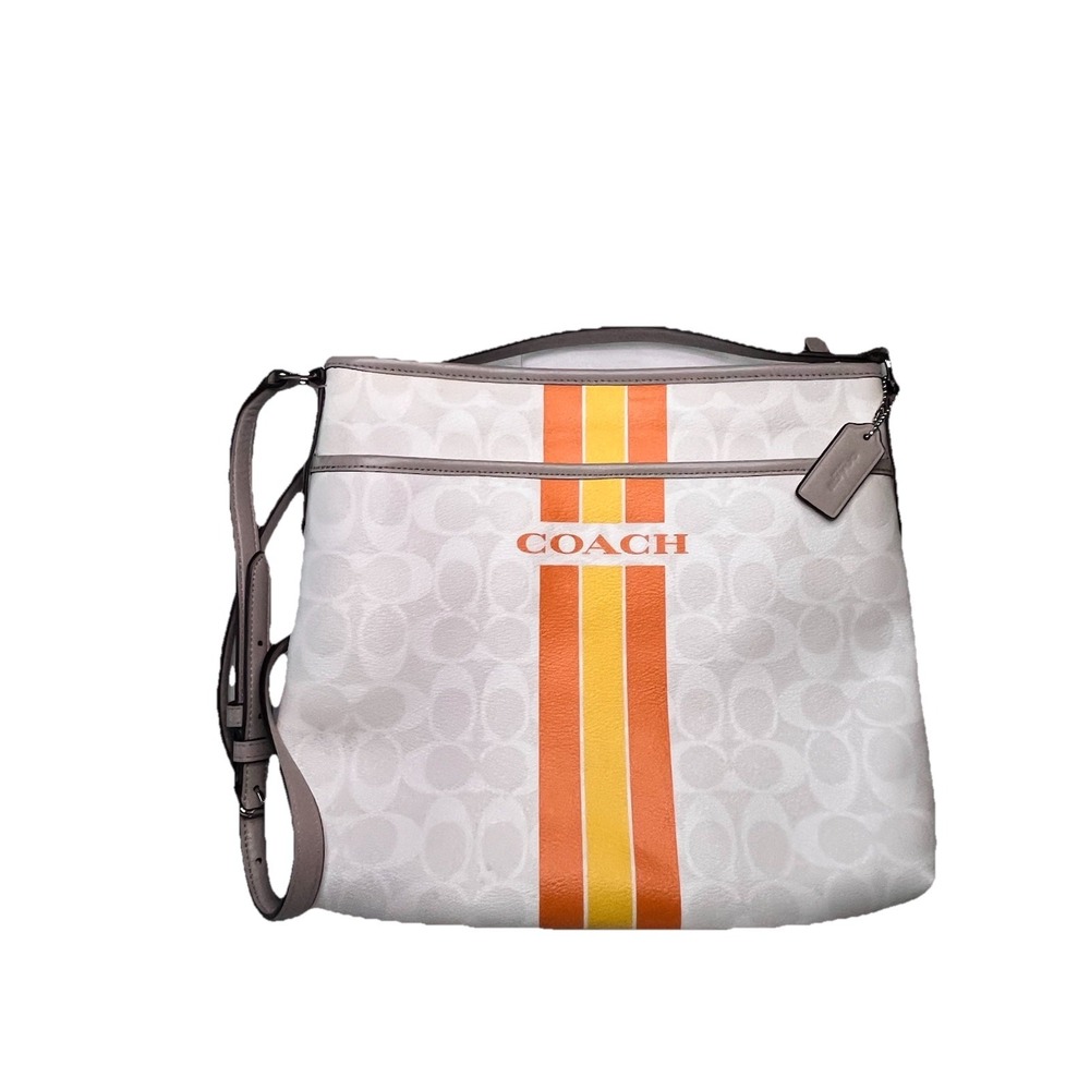 Coach Crossbody Bag Cream Canvas Stripe Logo Yellow Interior Pockets Zip Closure